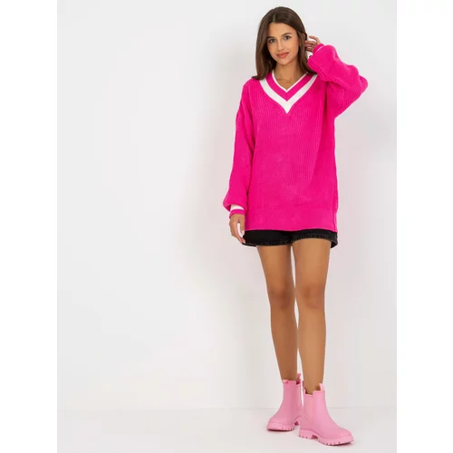 Fashion Hunters Fluo pink longer oversize sweater with V-neck RUE PARIS