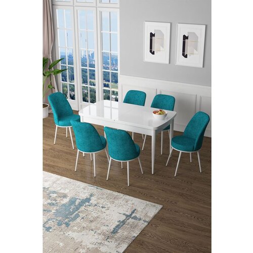 Hanah home zen - white, turquoise whiteturquoise extendable dining table & chairs set (7 pieces) Cene