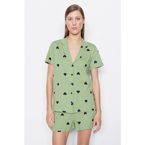 Trendyol Green 100% Cotton Heart Patterned Shirt-Shorts Knitted Pajama Set Slike