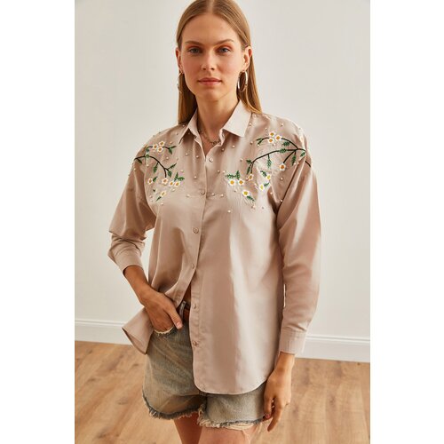 Olalook Women's Daisy Stone Embroidery Detailed Oversize Woven Shirt Slike