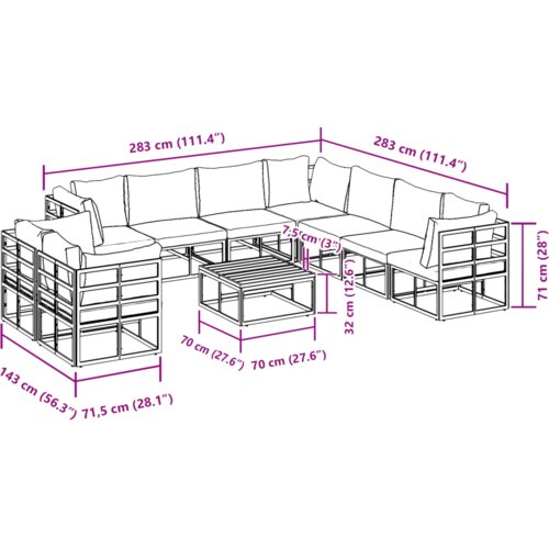 VidaXL Vrtna sedežna garnitura 10 pcs Črna 70 x 70 x 32 cm Aluminij Slike