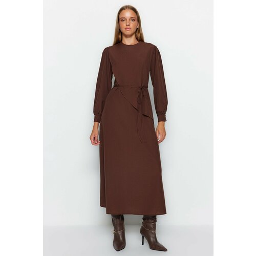 Trendyol Brown Belted Front Split Cotton Woven Dress Slike