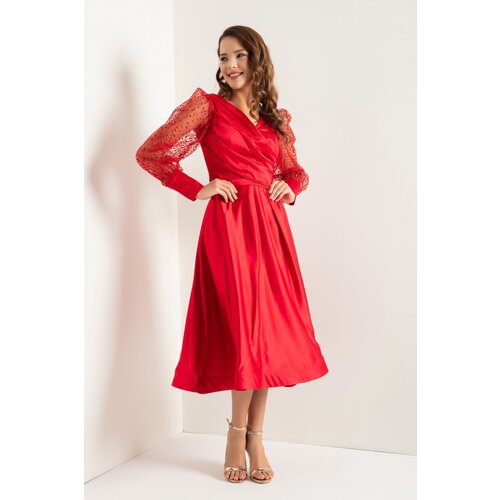 Lafaba Women's Red Double Breasted Neck Silvery Midi Satin Evening Dress Cene