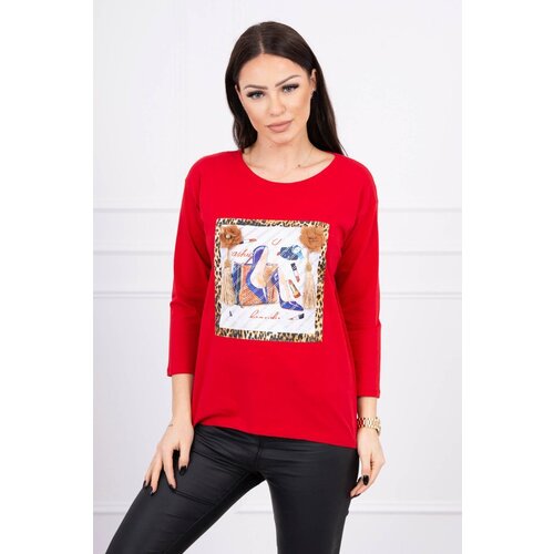 Kesi Blouse with 3D graphics and decorative pom pom red Slike