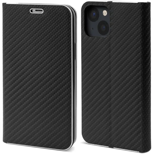 MOOZY Venus Wallet Case za iPhone 13 Mini, črn ogljik – preklopna torbica s kovinsko obrobo, preklopna preklopna torbica z magnetnim zapiranjem z držalom za kartice in funkcijo stojala, (21029506)