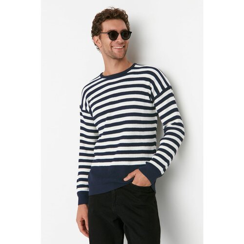 Trendyol Indigo Men's Crew Neck Oversize Striped Knitwear Sweater Cene