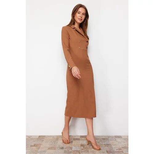 Trendyol Camel Double Breasted Collar Button Detailed Woven Dress