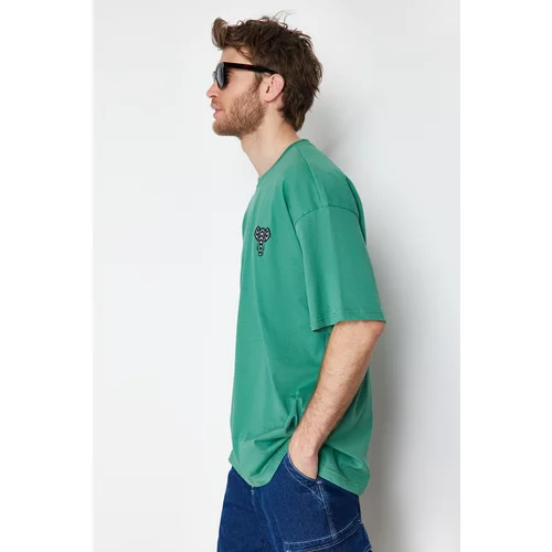Trendyol Green Men's Oversize Mystic Animal Embroidered 100% Cotton T-Shirt