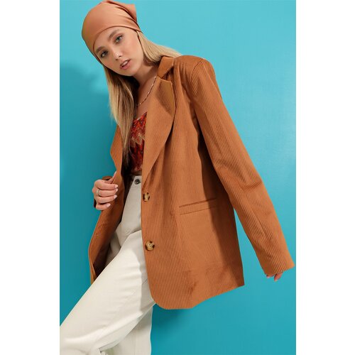 Trend Ala&amp;ccedil;atı Stili Women&amp;#039;s Tan Velvet Woven Blazer Jacket Slike