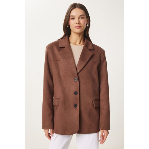 Happiness İstanbul Women's Cocoa Premium Suede Blazer Jacket Cene