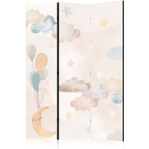  Paravan - Fairy-Tale Moon - Moon with Balloons Among Clouds and Stars in Subdued Colors on a Light Beige Background 135x172 Akus Cene