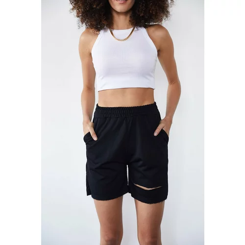 XHAN Women's Black Ripped Detailed Shorts