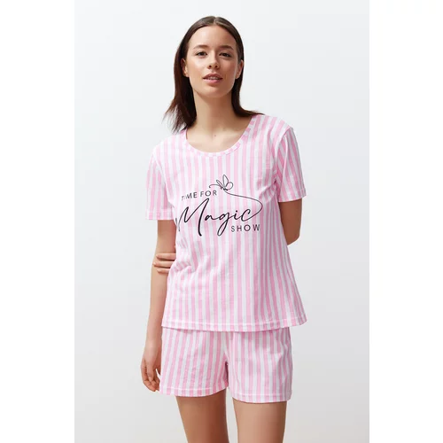 Trendyol Pink Cotton Slogan Printed Striped Knitted Pajamas Set