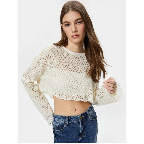 Koton Crochet Crop Top Long Wide Sleeves Crew Neck Openwork