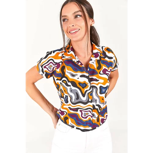 armonika Women's Camel Patterned Short Sleeve Shirt