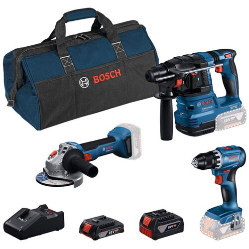 Bosch aku set (GBH18V-22 + GSR18V 45 + GWS18V + 1x4Ah + 1x2Ah) 0.615.A50.061 Slike