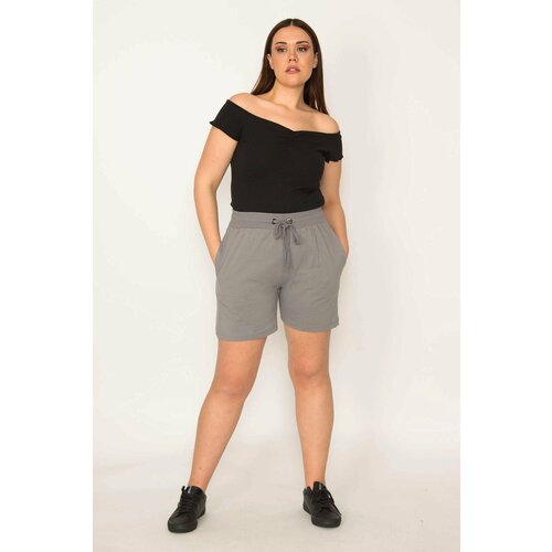 Şans Women's Large Size Gray Cotton Fabric Shorts with Elastic Waist Slike