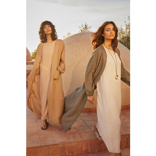 Trendyol Camel Long Linen Look Striped Woven Cap & Ferace & Abaya Slike