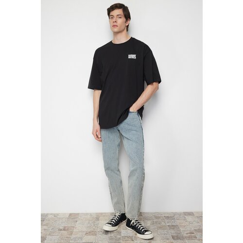 Trendyol Men's Black Oversize/Wide-Fit Text Printed Back 100% Cotton T-shirt Cene