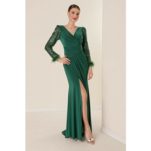 By Saygı Double-breasted Collar Draped Long Sleeves Lined Lycra Dress with Stitching Feather Detail Emerald. Cene
