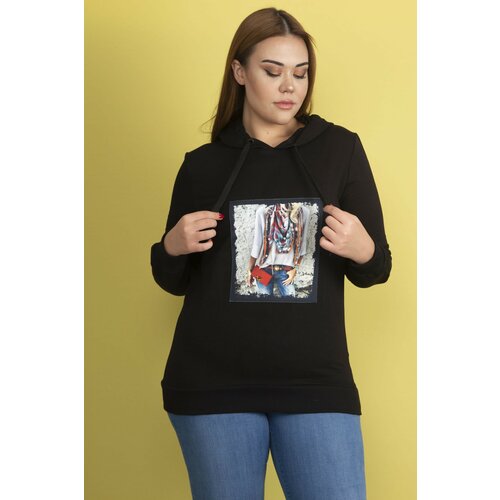 Şans Women's Plus Size Black Hooded Sweatshirt with Letters on the Front Slike