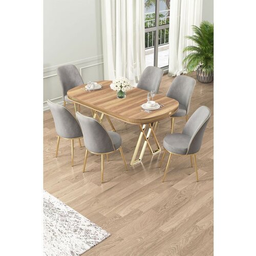 Hanah home Lai - Light Walnut, Gold, Grey Light WalnutGoldGrey Dining Table & Chairs Set (7 Pieces) Cene
