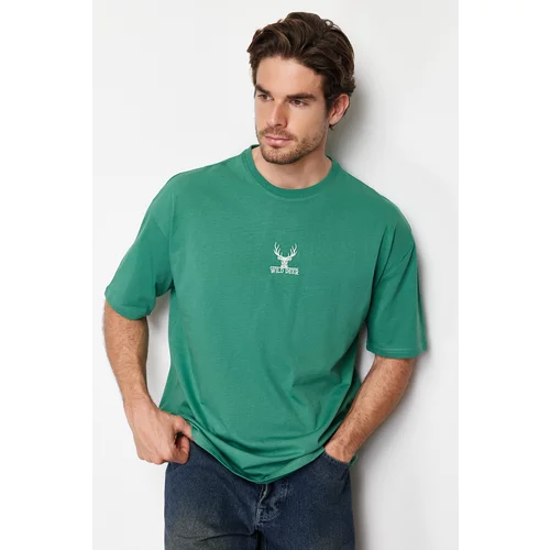 Trendyol Men's Green Oversize Deer Embroidery 100% Cotton T-Shirt