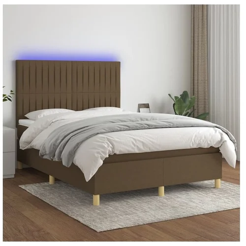  Box spring postelja z vzmetnico LED temno rjava 140x200cm blago