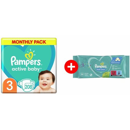 Pampers Active baby Pelene mesečno pakovanje S3 208 + Gratis vlažne maramice Fresh 52 Slike