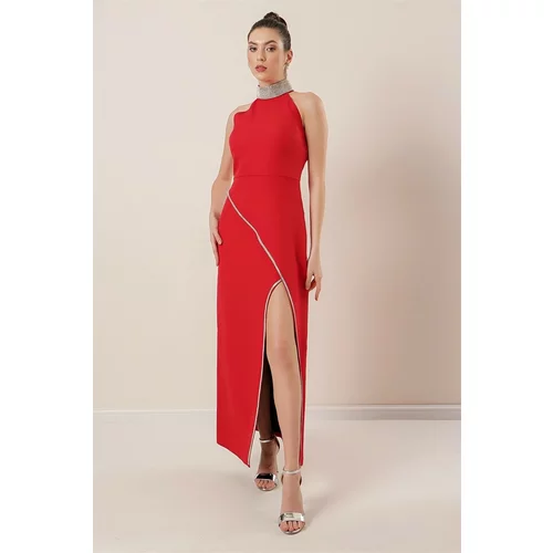 By Saygı Stone Detailed Long Dress with a Slit in the Front Red