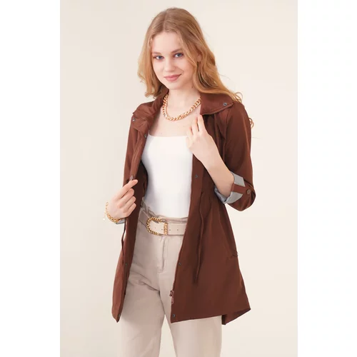 Bigdart 10322 Brown Pocket Detailed Trench Coat with Pleated Waist.
