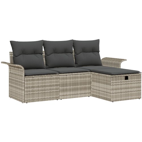 vidaXL 4-delna vrtnarska garnitura s blazinami svetlo siva poli ratan, 2-sedežna vrtna sofa s shranjevanjem in blazinami svetlo siva poli ratan Cene