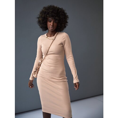 Fasardi Basic ribbed dress with long sleeves in beige color Slike