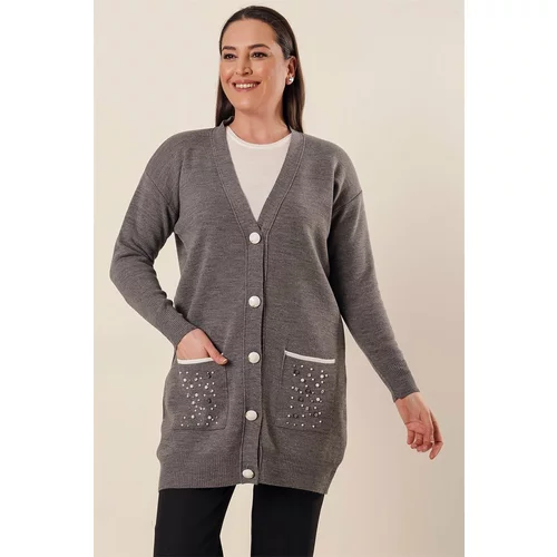 By Saygı Beads And Stones Detail With Pockets And Buttons In The Front Plus Size Acrylic Cardigan Gray