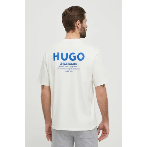 Hugo Blue Pamučna majica za muškarce, boja: bež, s tiskom