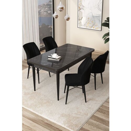 Hanah home arp - black marble, black black marbleblack dining table & chairs set (5 pieces) Cene