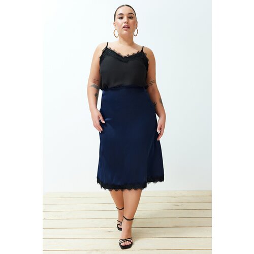 Trendyol Curve Navy Blue Satin Midi Length Lace Woven Skirt Slike