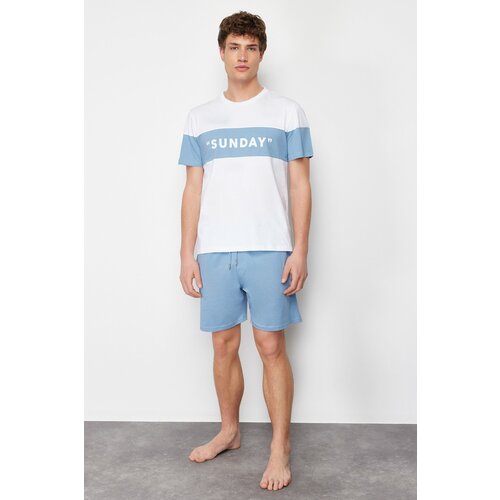 Trendyol Men's Blue Regular Fit Slogan Printed Knitted Pajamas Set Slike