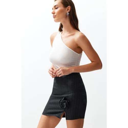 Trendyol Anthracite Rose Detailed Striped Mini Skirt