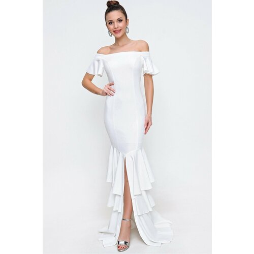 By Saygı Women's Madonna Collar Evening Dress with Tiered Ecru Skirt and a Slit in the Front. Slike