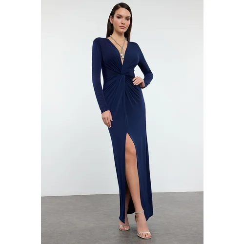 Trendyol Navy Blue Double Breasted Collar Knitted Stylish Evening Dress