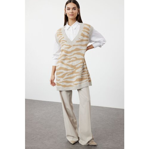 Trendyol beige soft textured zebra pattern knitwear sweater Cene