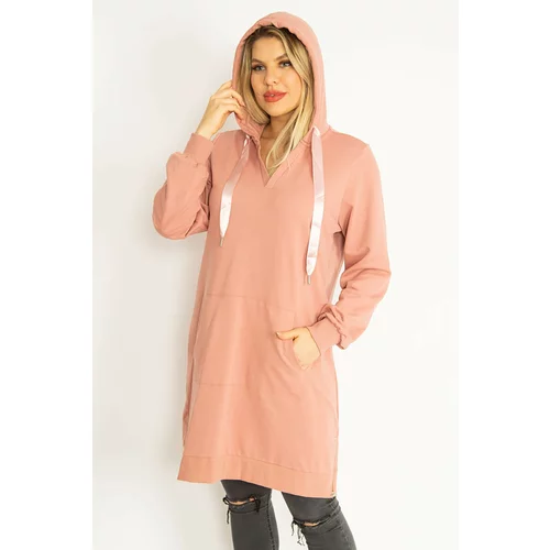 Şans Women's Plus Size Pink Hooded Kangaroo Pocket Sweatshirt