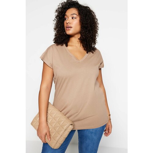 Trendyol Curve Plus Size T-Shirt - Beige - Relaxed fit Cene