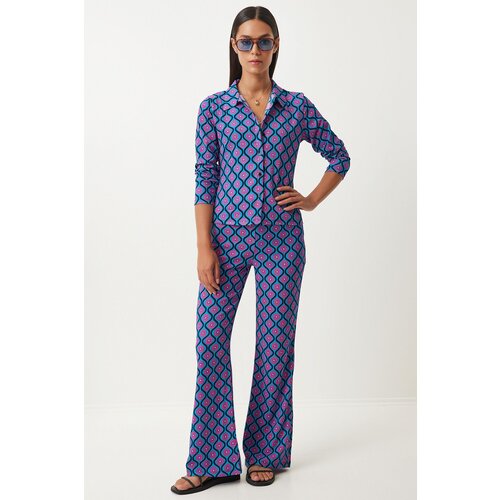 Happiness İstanbul Women's Blue Pink Patterned Summer Woven Shirt and Trousers Set Slike