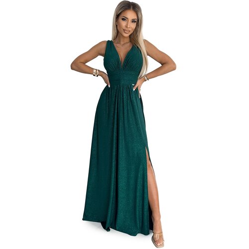 Numoco Long brocade dress with neckline and stitching at the waist Slike