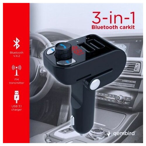 Gembird BTT-02 3-in-1 Bluetooth carkit with FM-radio transmitter and USB 3.1 A charger, black Slike