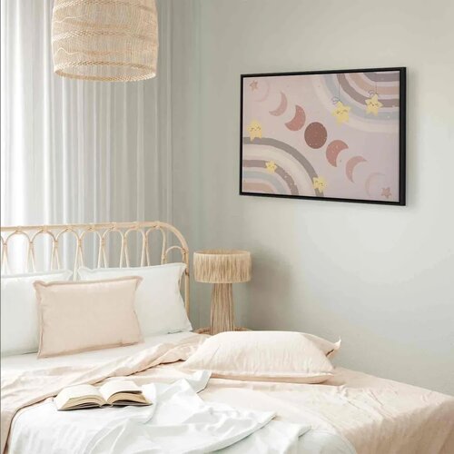  Slika - Joyful Sky - Yellow Cheerful Stars with a Rainbow Against the Phases of the Moon in a Light Beige Sky Hue 60x40 U crnom Slike