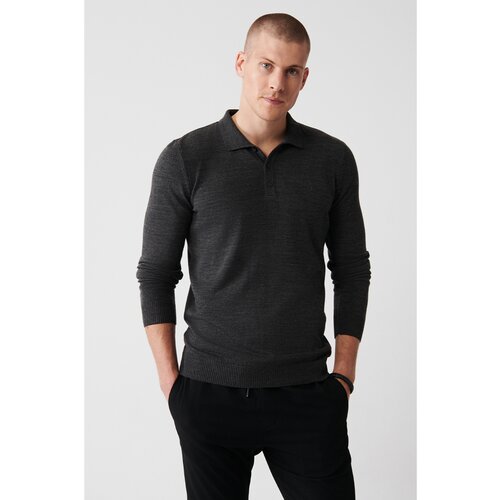 Avva Men's Anthracite Knitwear Sweater 3 Button Polo Collar Standard Fit Regular Cut Slike