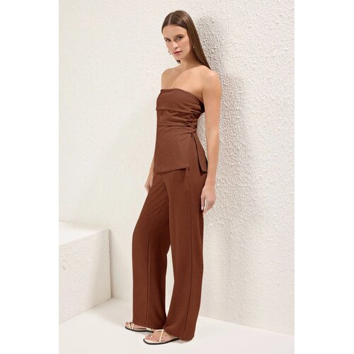 TRENDYOLMILLA ženski set bluza i pantalone Twoss25Au00092, Tamno braon-braon Cene